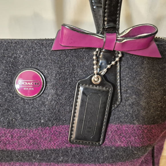 Coach Berry and Gray Stripe Wool Satchel and Dustbag - Picture 4 of 17